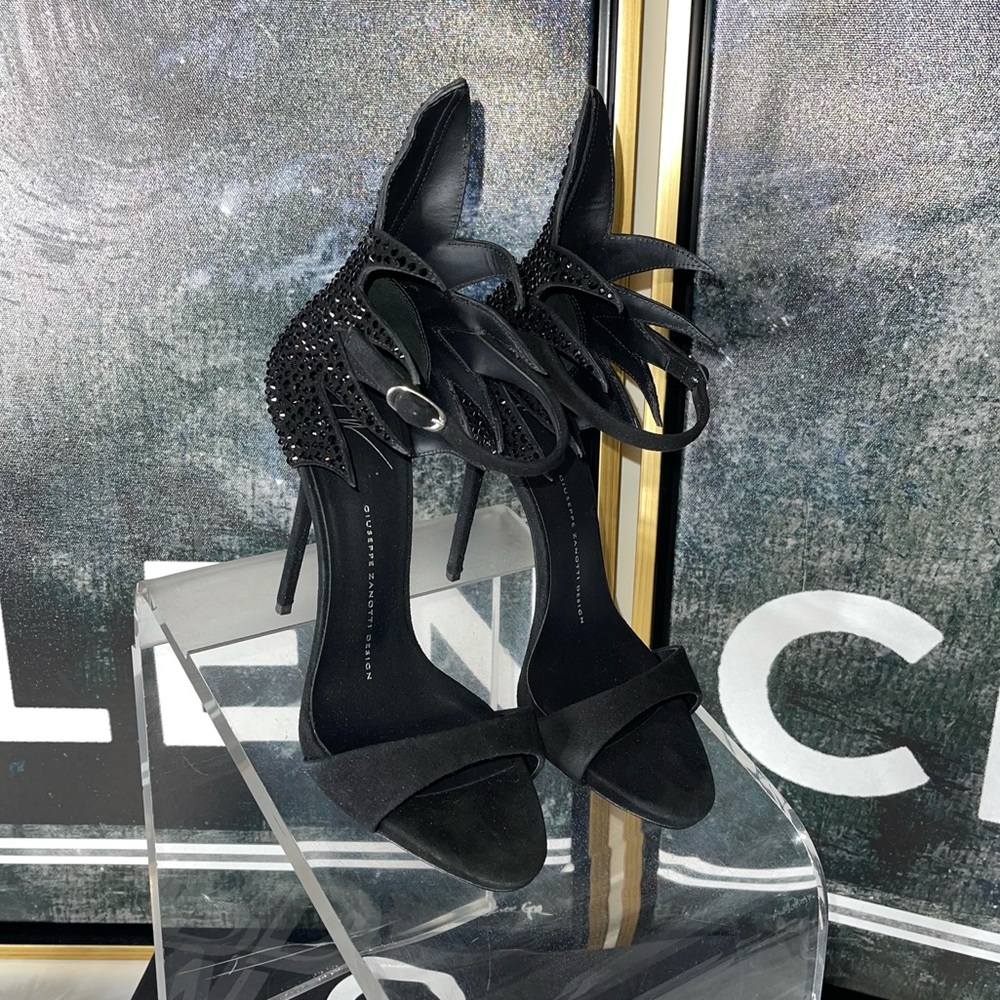 New Giuseppe Zanotti Swarovski 120mm Suede Sandals in Black Gothic Moody Witchy - Picture 6 of 17